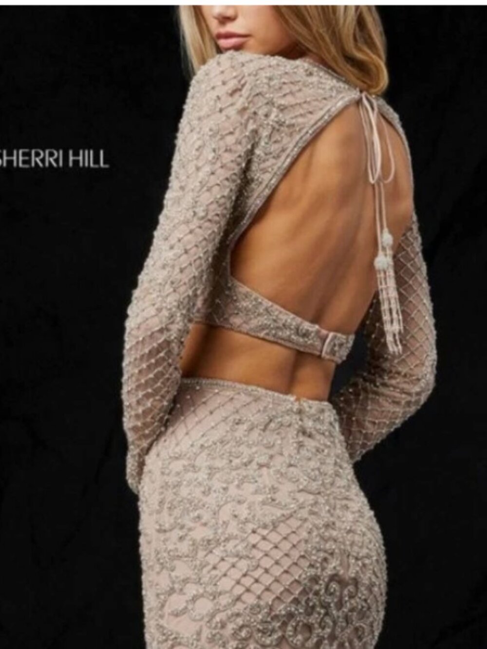 Sherri hill 52090 champagne pink crystal Beaded Long Sleeve- two piece